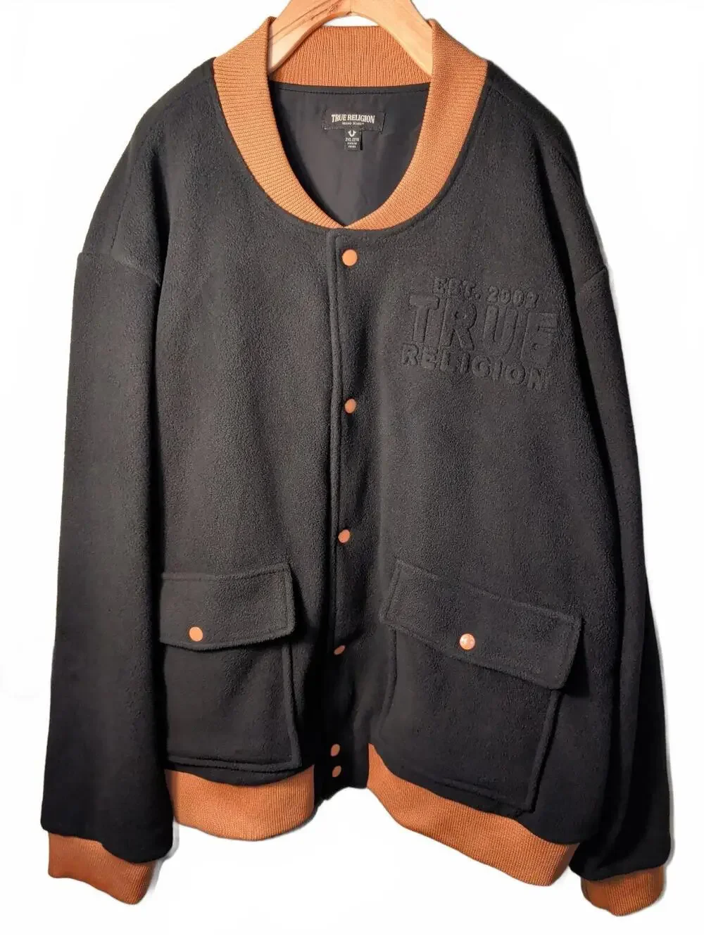True Religion Men's Utility Jacket 2XL Black Orange Fleece Bomber Casual Button